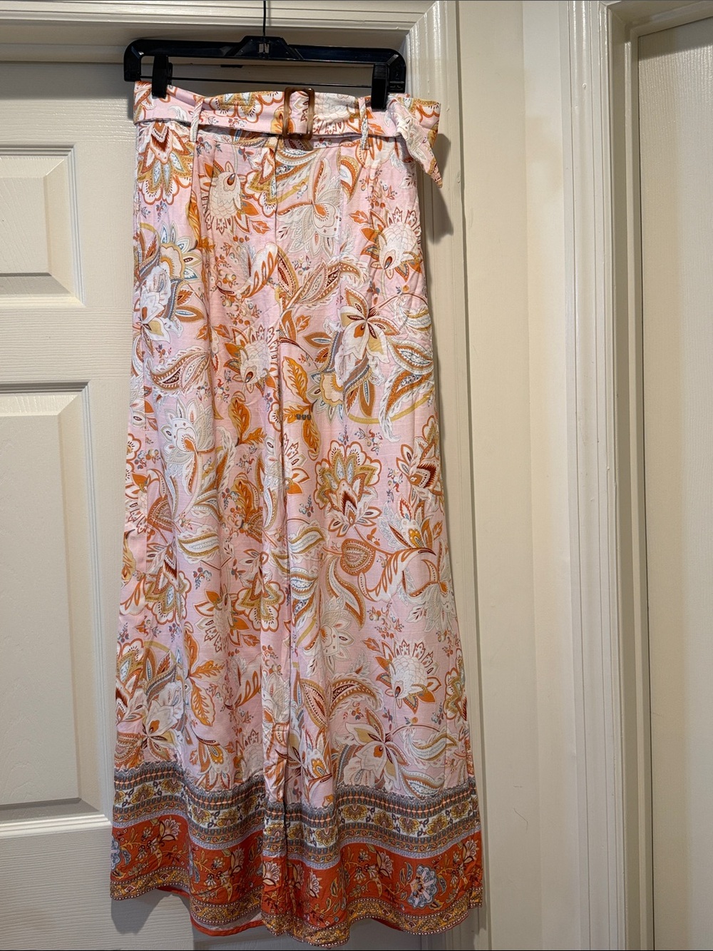 Wide Leg Palazzo Pink Orange Tropical Paisley Pants Tie Buckle Belt Culottes M